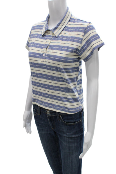 Sundry Women Cropped Striped Collared Polo Short Sleeve Blue Preppy Size S