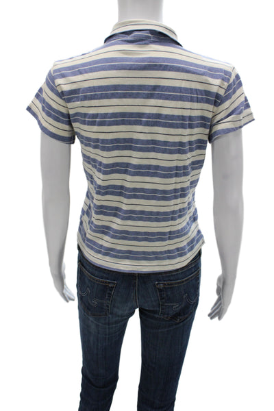 Sundry Women Cropped Striped Collared Polo Short Sleeve Blue Preppy Size S