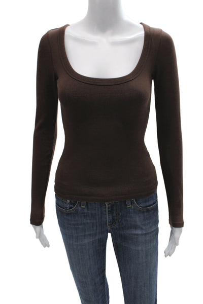 Zara Women Brown Square Neck Long Sleeve Basic Jersey T-Shirt Size S