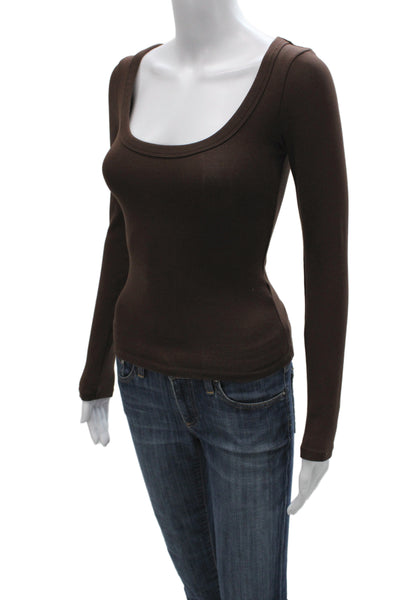 Zara Women Brown Square Neck Long Sleeve Basic Jersey T-Shirt Size S