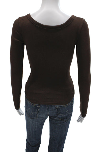 Zara Women Brown Square Neck Long Sleeve Basic Jersey T-Shirt Size S