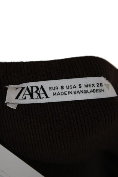Zara Women Brown Square Neck Long Sleeve Basic Jersey T-Shirt Size S