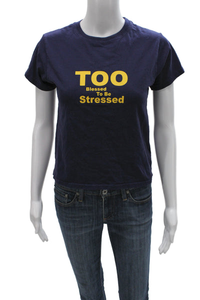 Guizio Women Cropped Graphic Tee Dark Blue Crew Neck Short Sleeve Cotton Size S