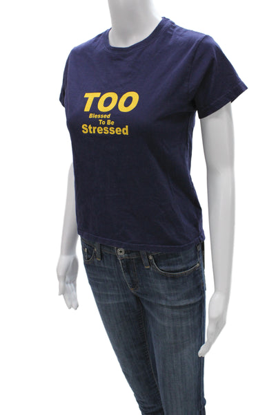 Guizio Women Cropped Graphic Tee Dark Blue Crew Neck Short Sleeve Cotton Size S