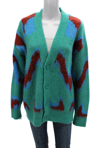 Zara Unisex Cardigan Green V-Neck Long Sleeve Button Geometric Size S
