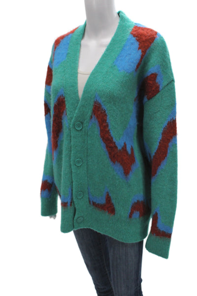 Zara Unisex Cardigan Green V-Neck Long Sleeve Button Geometric Size S
