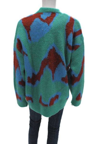 Zara Unisex Cardigan Green V-Neck Long Sleeve Button Geometric Size S