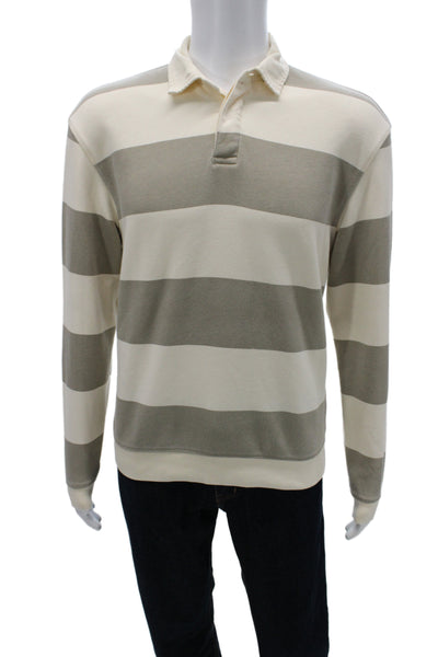 Zara Mens Beige Cotton Striped Collared Long Sleeve Polo Size M