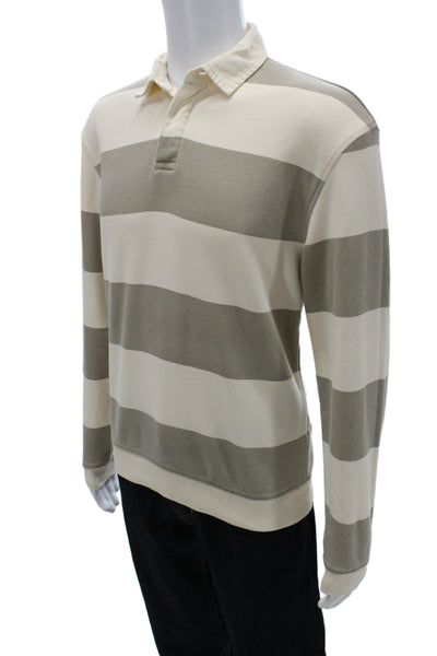 Zara Mens Beige Cotton Striped Collared Long Sleeve Polo Size M