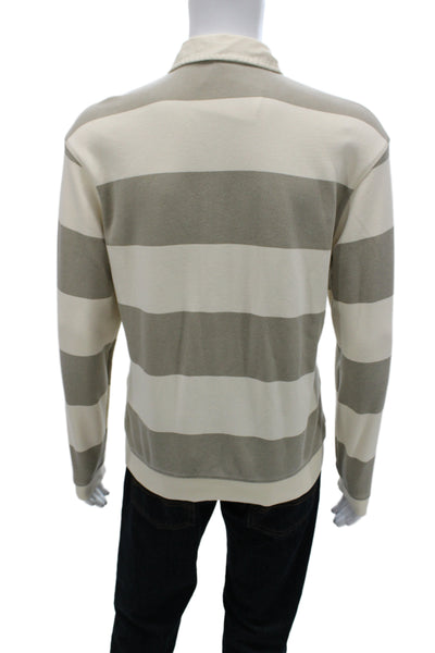 Zara Mens Beige Cotton Striped Collared Long Sleeve Polo Size M