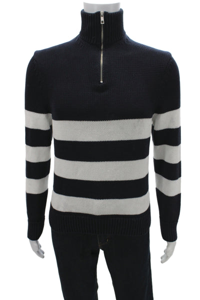 Zara Mens Pullover Sweater Dark Blue Striped High Neck Zip Size M