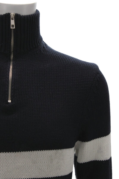 Zara Mens Pullover Sweater Dark Blue Striped High Neck Zip Size M