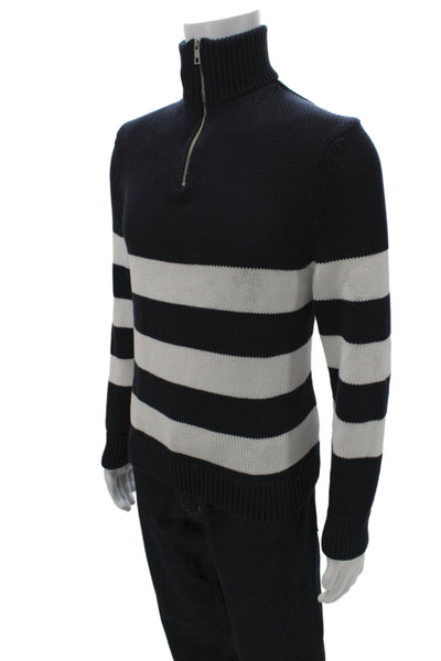 Zara Mens Pullover Sweater Dark Blue Striped High Neck Zip Size M