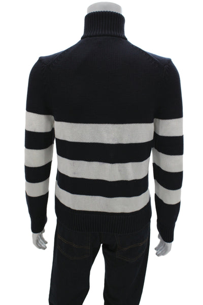 Zara Mens Pullover Sweater Dark Blue Striped High Neck Zip Size M
