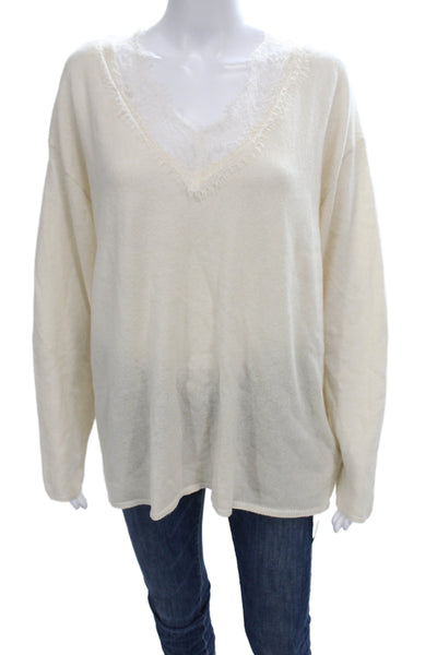 Zara Womens Bohemian V-Neck Pullover Sweater Beige Wool Modal Size M
