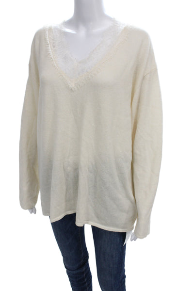Zara Womens Bohemian V-Neck Pullover Sweater Beige Wool Modal Size M
