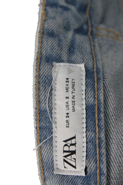 Zara Women Boyfriend Mom Jeans Light Blue Button 33in 100% Cotton Size 2