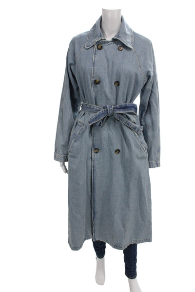 Zara Womens Trench Coat Light Blue Cotton Button Size M