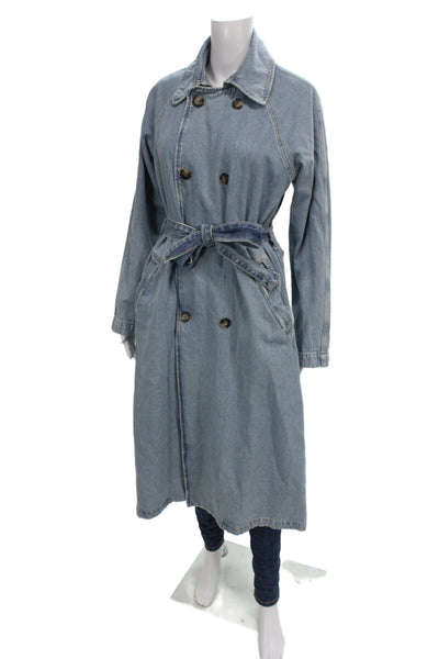 Zara Womens Trench Coat Light Blue Cotton Button Size M