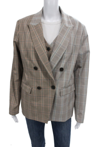 Drew Womens Double Breasted Plaid Long Sleeve Blazer Vest Suit Set Brown Size L