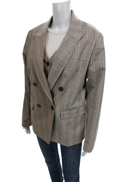 Drew Womens Double Breasted Plaid Long Sleeve Blazer Vest Suit Set Brown Size L