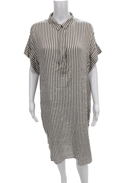 Peserico Women Shirt Dress Brown Striped Collared Button Viscose Silk Size 48