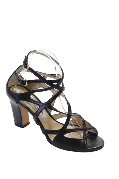 Jimmy Choo Women's Open Toe Strappy Cone Heel Sandals Black Size 38.5