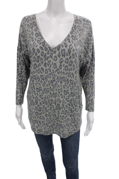 Joie Unisex Leopard V-Neck Pullover Sweater Gray Long Sleeve Size S