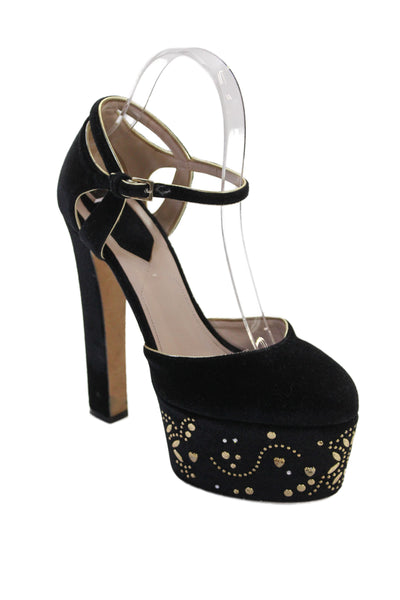 Elie Saab Women's Round Toe Embellish Platform Suede Sandals Black Size 37