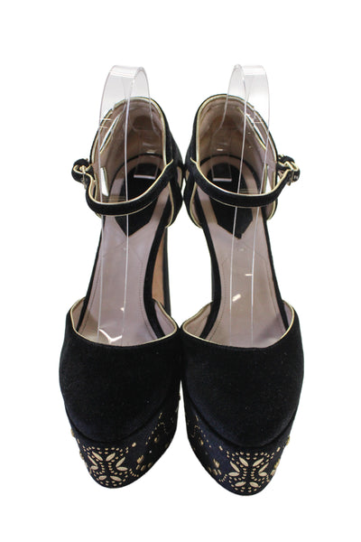 Elie Saab Women's Round Toe Embellish Platform Suede Sandals Black Size 37