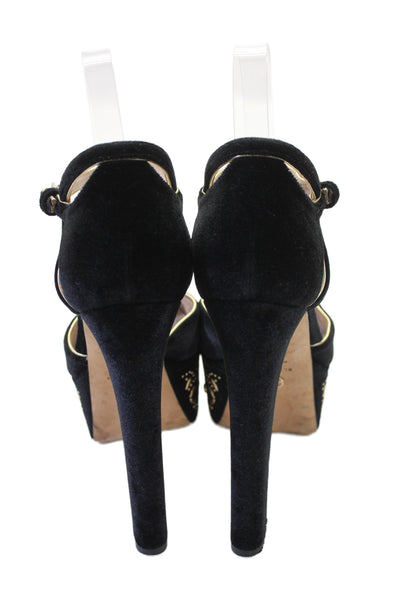 Elie Saab Women's Round Toe Embellish Platform Suede Sandals Black Size 37