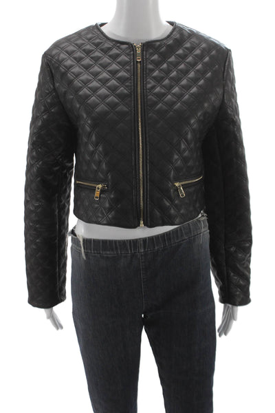 Zara Womens Quilted Biker Leather Zip Jacket Black Size M