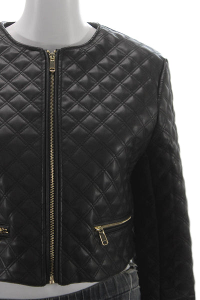 Zara Womens Quilted Biker Leather Zip Jacket Black Size M