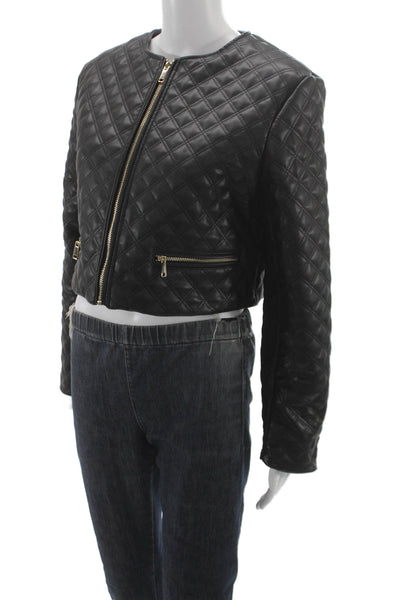 Zara Womens Quilted Biker Leather Zip Jacket Black Size M