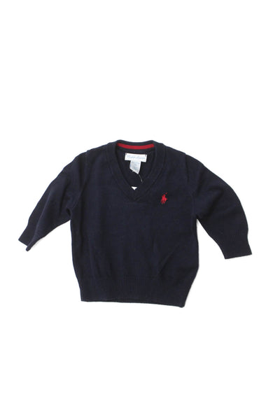 Ralph Lauren Boys Long Sleeve V Neck Logo Sweater Navy Blue Cotton Size 6 Months
