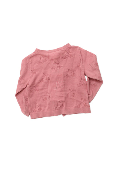 Bonpoint Girls Button Front Open Knit Logo Cardigan Sweater Pink Cotton Size 12M