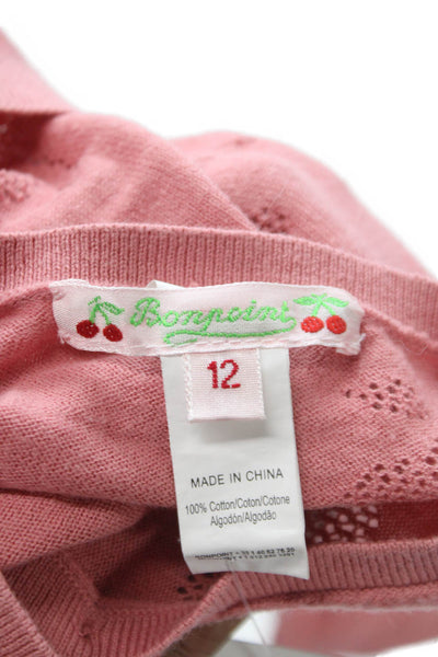 Bonpoint Girls Button Front Open Knit Logo Cardigan Sweater Pink Cotton Size 12M