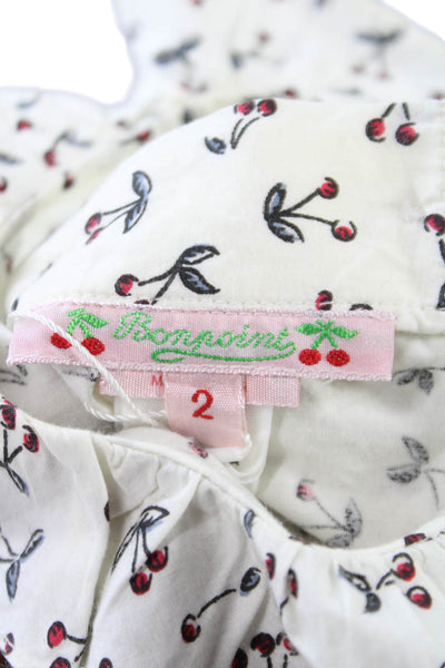 Bonpoint Girls Long Sleeve Collared Cherry Logo Top White Red Cotton Size 2