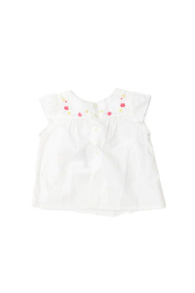 Bonpoint Girls Button Back Cap Sleeve Floral Embroidered Top White Size 6M