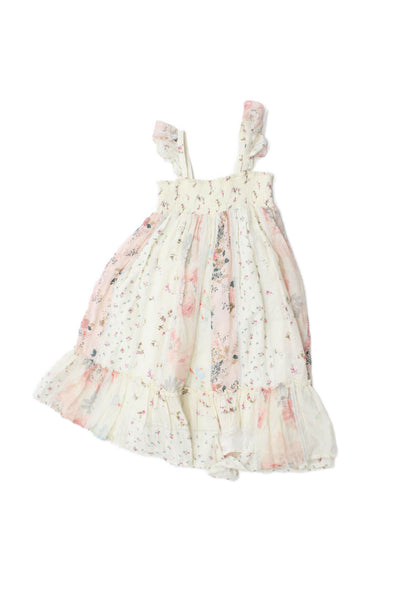 Bonpoint Girls Sleeveless Smocked Square Neck Floral Dress White Multi Size 6