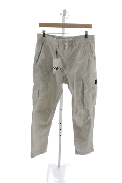 Zara Mens Beige Cargo Pants Cotton Button Solid Army Size 32
