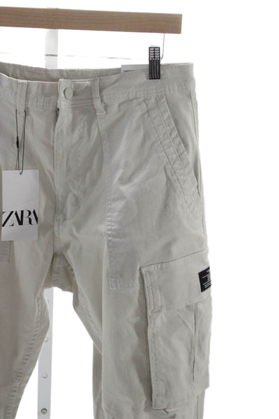 Zara Mens Beige Cargo Pants Cotton Button Solid Army Size 32
