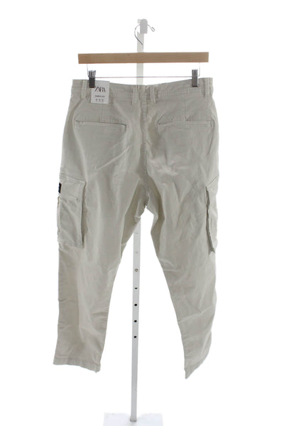 Zara Mens Beige Cargo Pants Cotton Button Solid Army Size 32