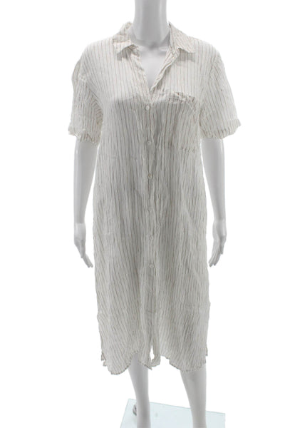 Eileen Fisher Womens Shirt Dress White Striped Linen Short Sleeve Size S