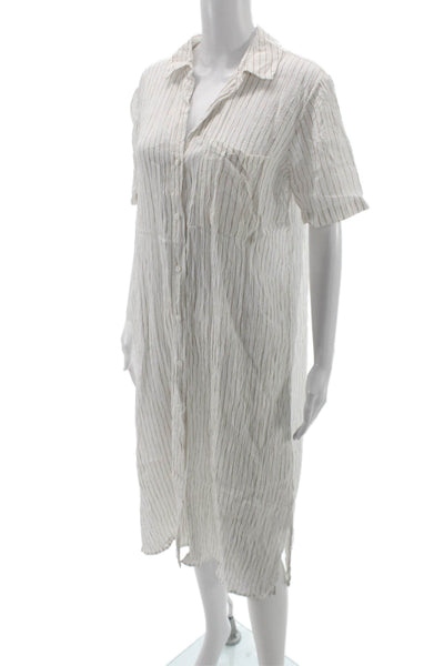 Eileen Fisher Womens Shirt Dress White Striped Linen Short Sleeve Size S