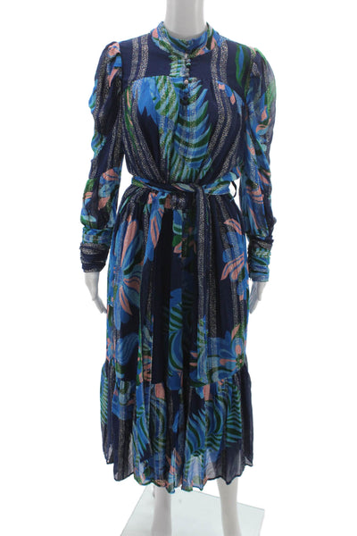 Ciebon Women Maxi Dress Dark Blue Floral High Neck Long Sleeve Size M