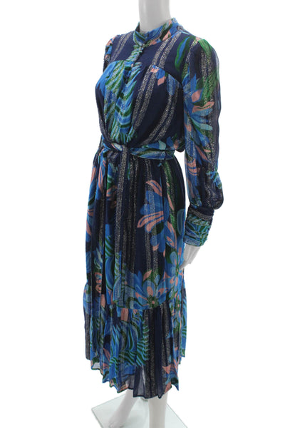 Ciebon Women Maxi Dress Dark Blue Floral High Neck Long Sleeve Size M