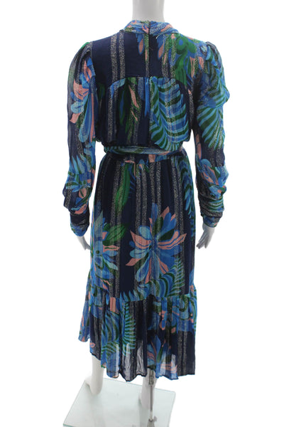 Ciebon Women Maxi Dress Dark Blue Floral High Neck Long Sleeve Size M