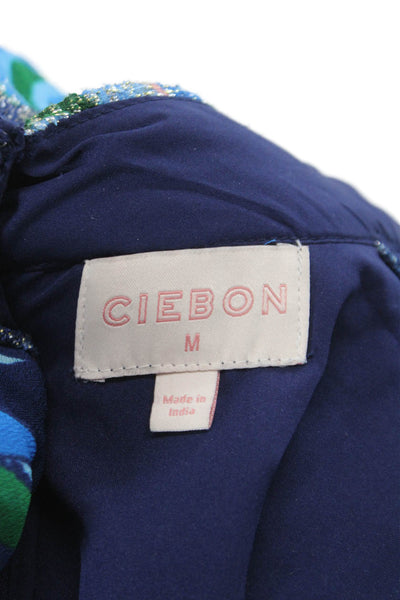 Ciebon Women Maxi Dress Dark Blue Floral High Neck Long Sleeve Size M