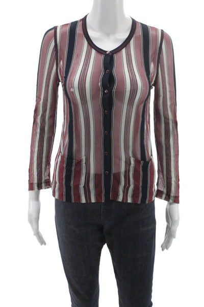 Chanel Womens Dark Blue Striped Round Neck Button Up Blouse Long Sleeve Size 38